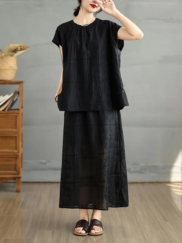 

Модный комплект с вышивкой, повседневная круглая футболка Ne ort Sve, юбка с эластичной резинкой на талии, комплект из двух предметов больших размеров