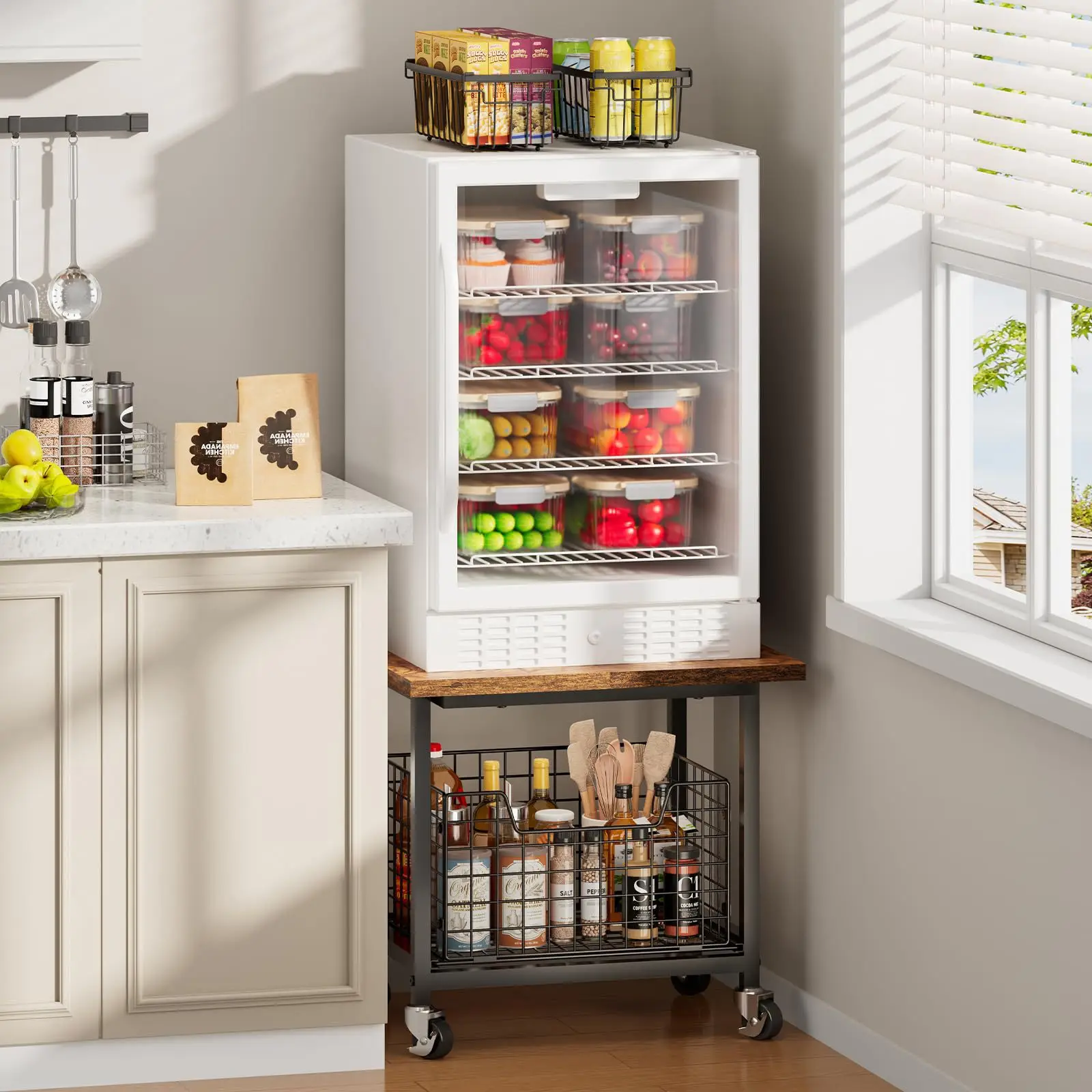 Two Tier Rolling Kitchen Storage Rack Movable Floor Standing Organizer Cart Refrigerator Side Microwave Appliance Placement Dark