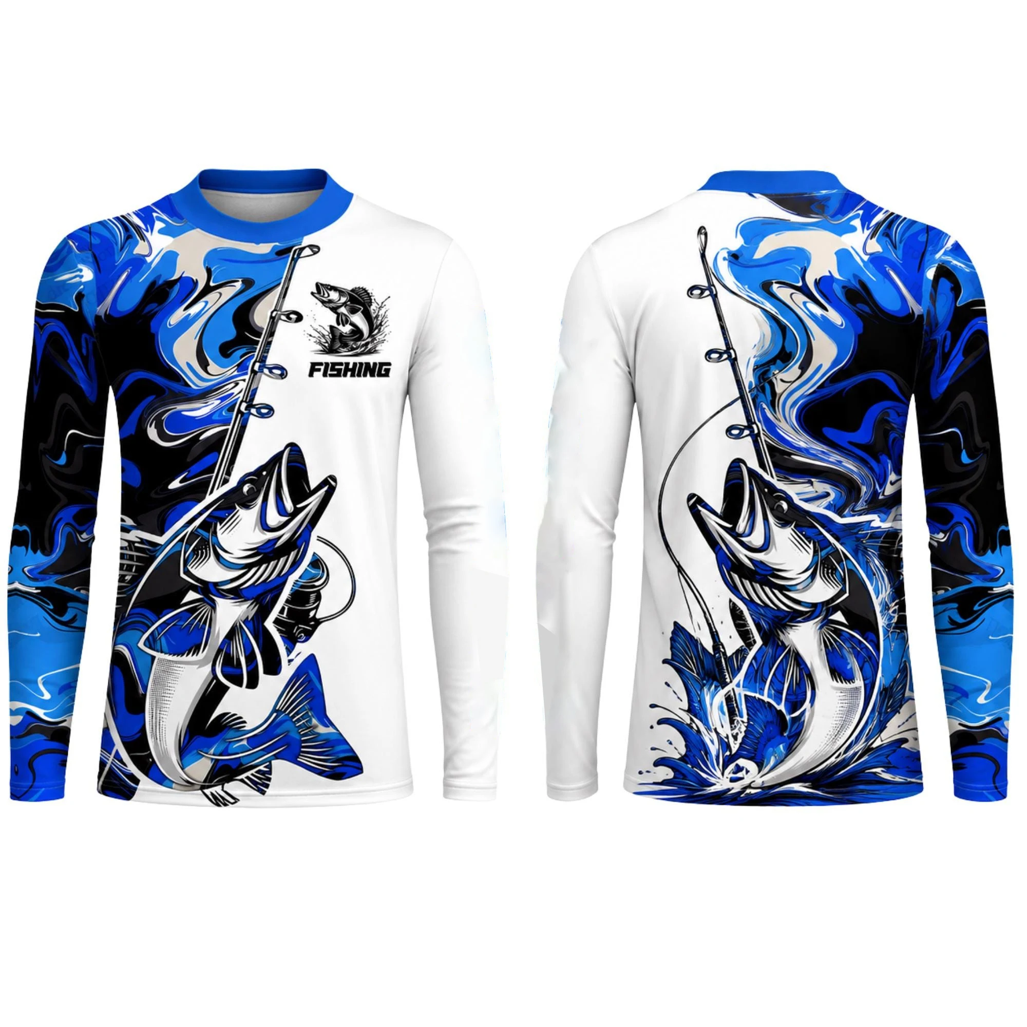 Outdoor Men Fisherman Long‑Sleeve T‑Shirt Cool Blue Swirl Bass Fish Graphic Breathable Sun‑Protection Jersey for Fishing Boating