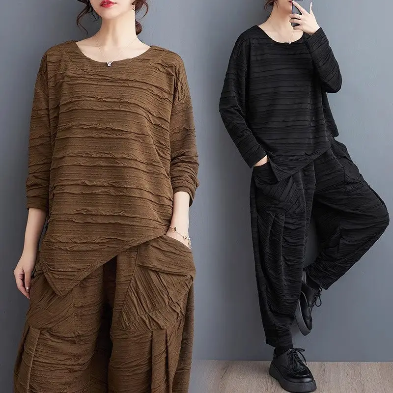 

Literary And Casual Irregular Top + Fashion Big Pocket Harem Pants Two Piece Set Loose Versatile Tracksuit Outfits Women Z3989