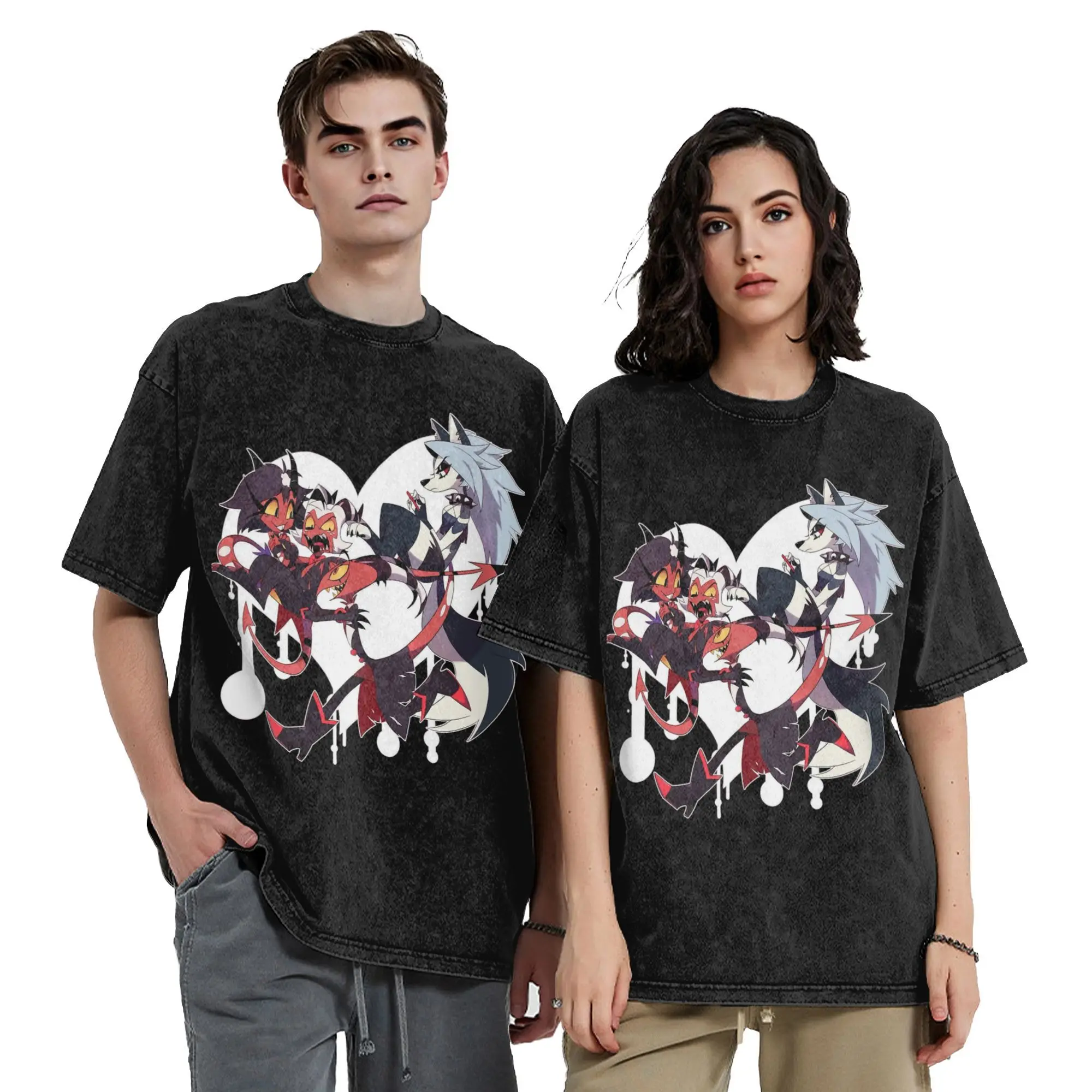 

Мужские и женские винтажные потертые футболки Loona Blitzo Moxxie, одежда из чистого хлопка, винтажные футболки с короткими рукавами и круглым вырезом, футболка большого размера