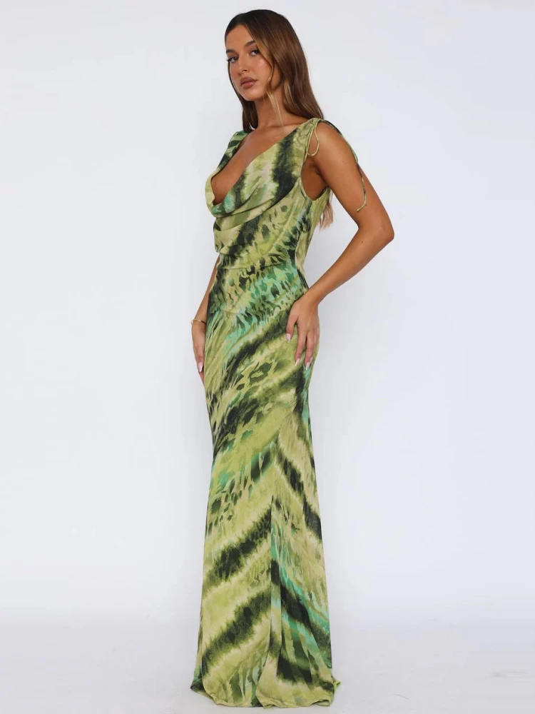 Sexy Swingende Hals Lace-up Tie-dye Lange Jurk Vrouwen Groen Gedrukt Mouwloos Backless Slanke Jurken Party Cocktail Avondjurken