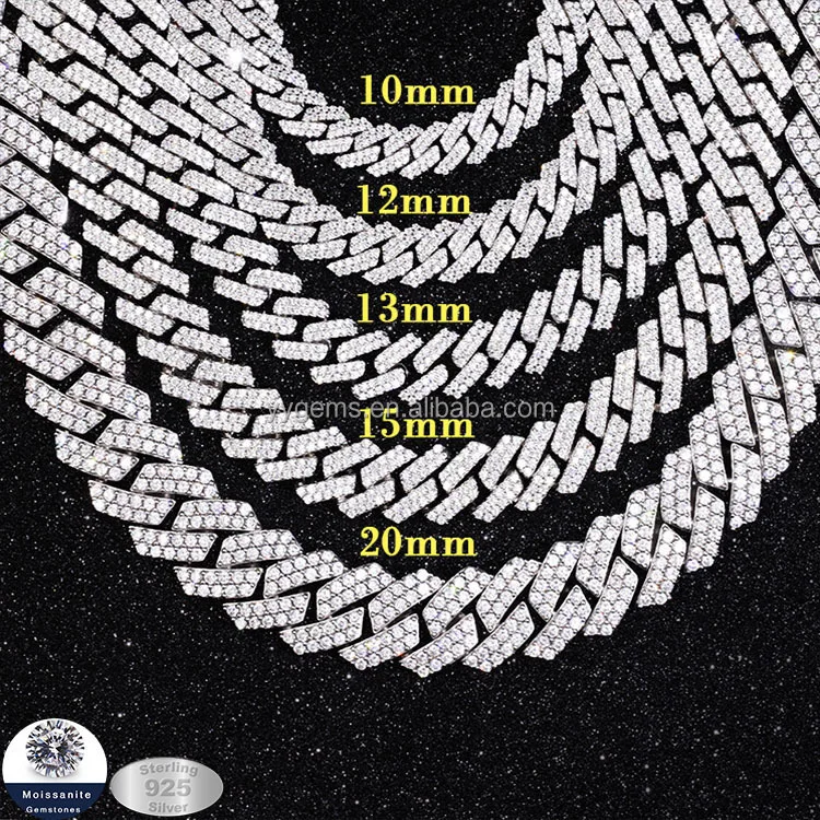 Yu ying design 2rows 8mm-15mm VVS Moissanite Diamond Chain S925 Sterling Silver Cuban Link for men hiphop fine jewlery necklaces