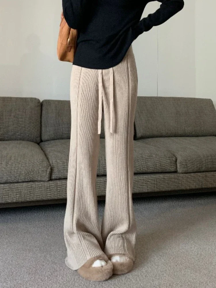 

Knitted Flared Pants for Women Casual Fashion Thickened Warm White Pants Cashmere Solid Loose Autumn/Winter New Woman Trousers