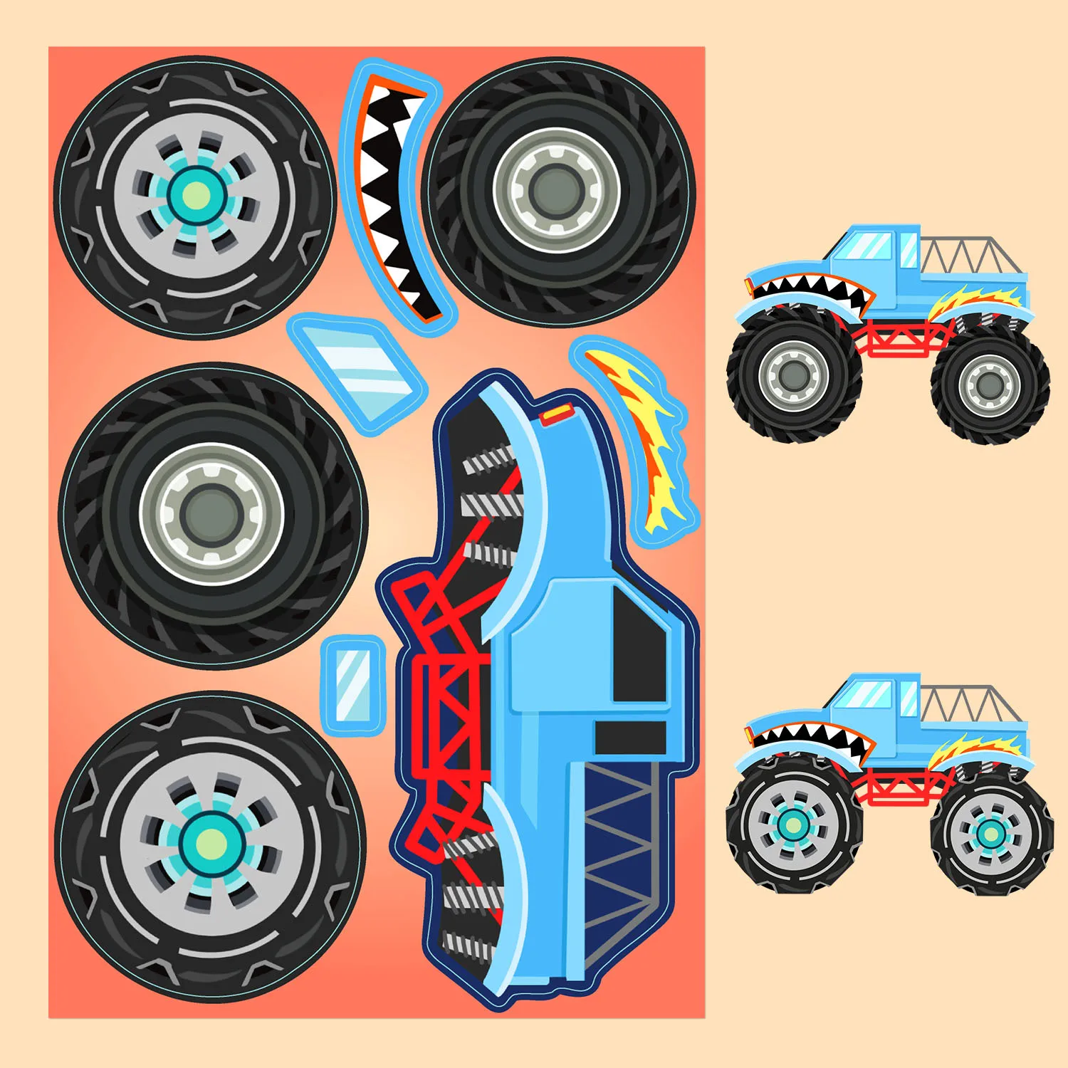 8Sheets Children DIY Puzzle Sticker Games Cartoon Monster Truck Make A Face Assemble Jigsaw Stickers Kids Educational Toys