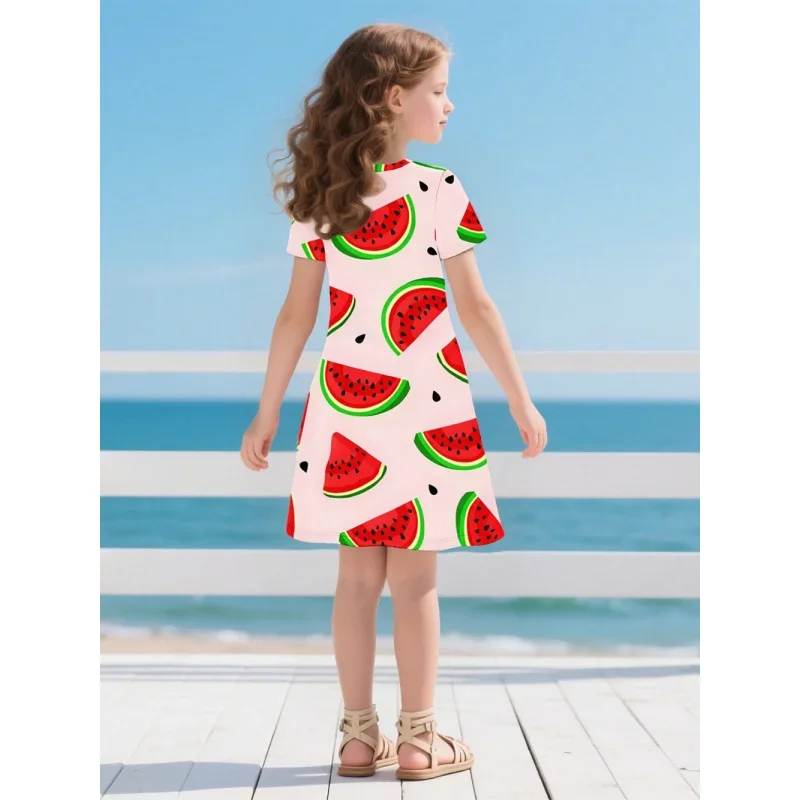 2025 Girls Watermelon Print Short Sleeve Dress Summer Fresh & Sweet Kids A Line Skirt Fruit Style Girl Beach Vacation Dress