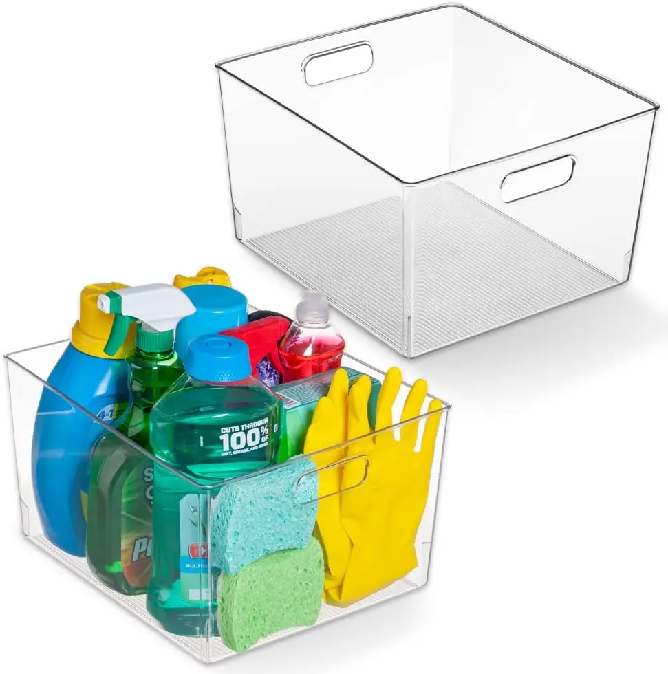 

XL Clear Plastic Storage Bins - 2 Pack for Kitchen Cabinet and Fridge Organization