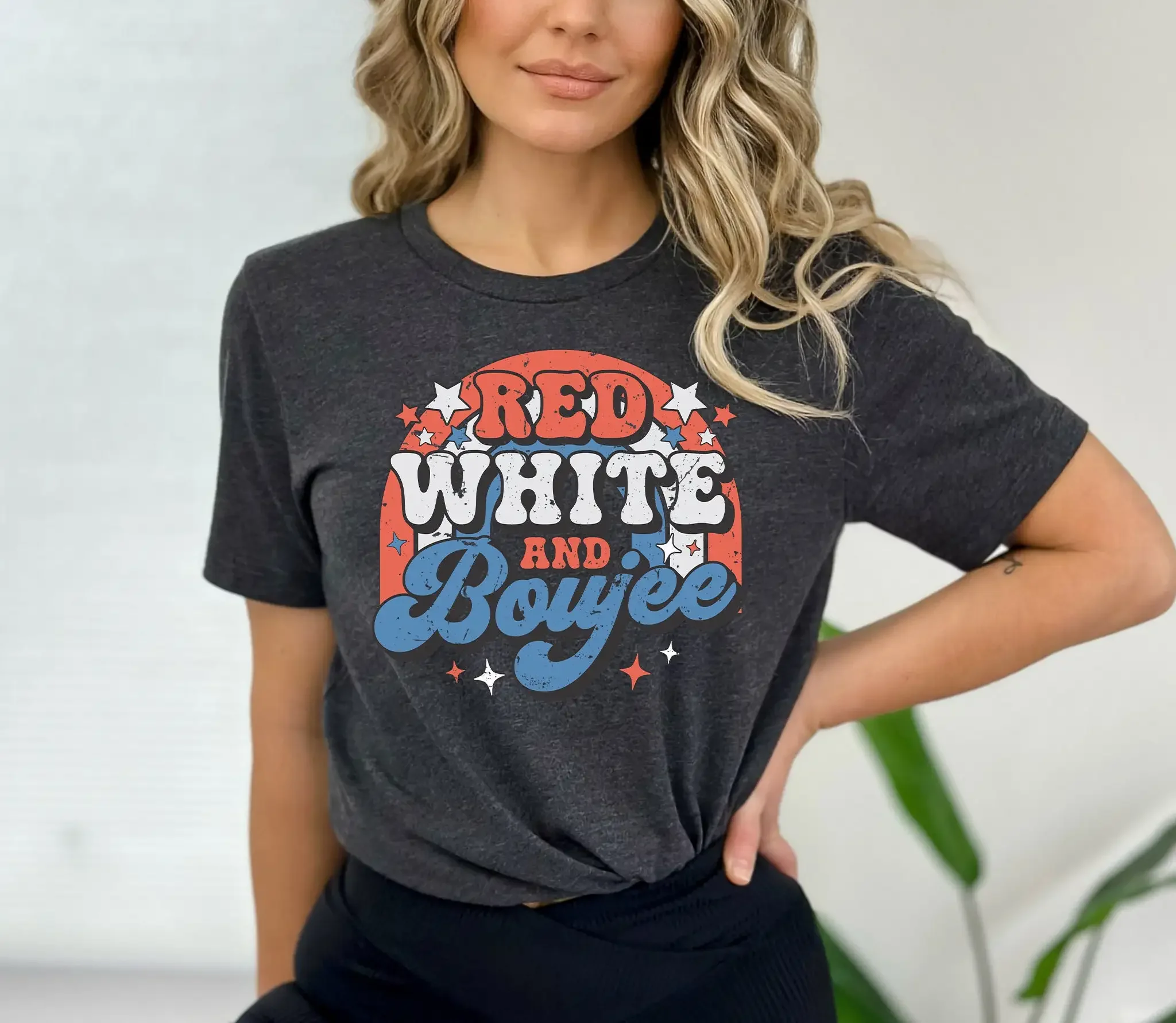 

Retro Groovy Graphic Printed T Shirt Patriotic Rainbow Red White and Boujee Shirt Happy Independence Day, Memorial Day