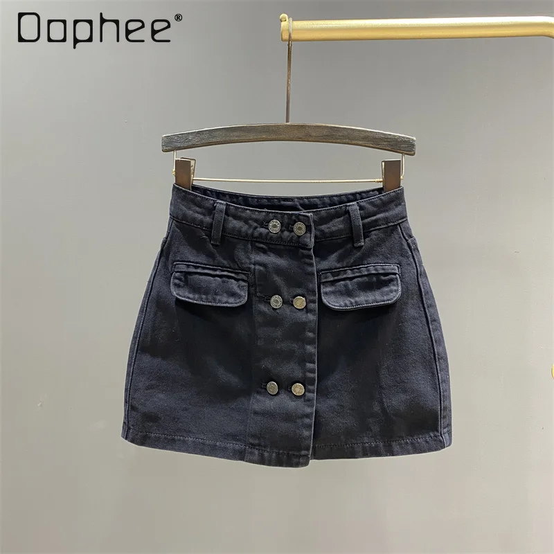 

Black Double-breasted Denim Mini Skirt Women High Waist A Line Wrap Hip Cargo Skirt All Match Korean 2024 Summer Fashion