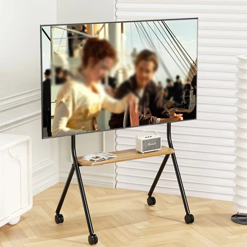 BEISHI Mobile Rolling TV Stand พร้อมชั้นวางไม้, ง่ายต่อการประกอบ Roller TV Cart สําหรับทีวี 32-60 นิ้วสําหรับห้องนั่งเล่นกลางแจ้ง
