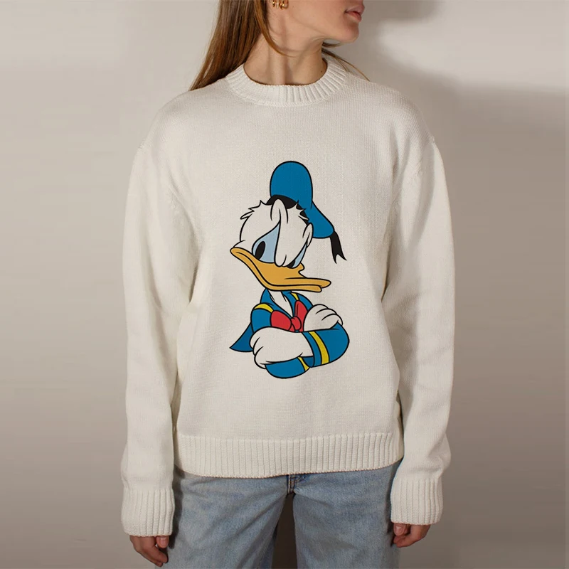 Disney Mickey Minnie Sweater Pullover Long Sleeve Knitted Women Top O Neck Female Jumper Autumn Winter Streetwear White Sweaters