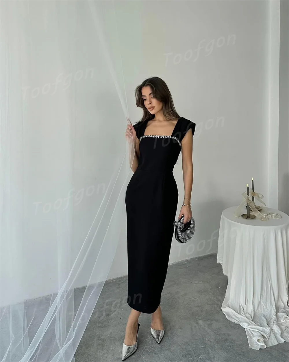 Toofgon Sexy Beaded Square Mermaid Prom Dresses Customized Wide Strap Women Formal Party Dresses Slit Wedding Engagement Gown