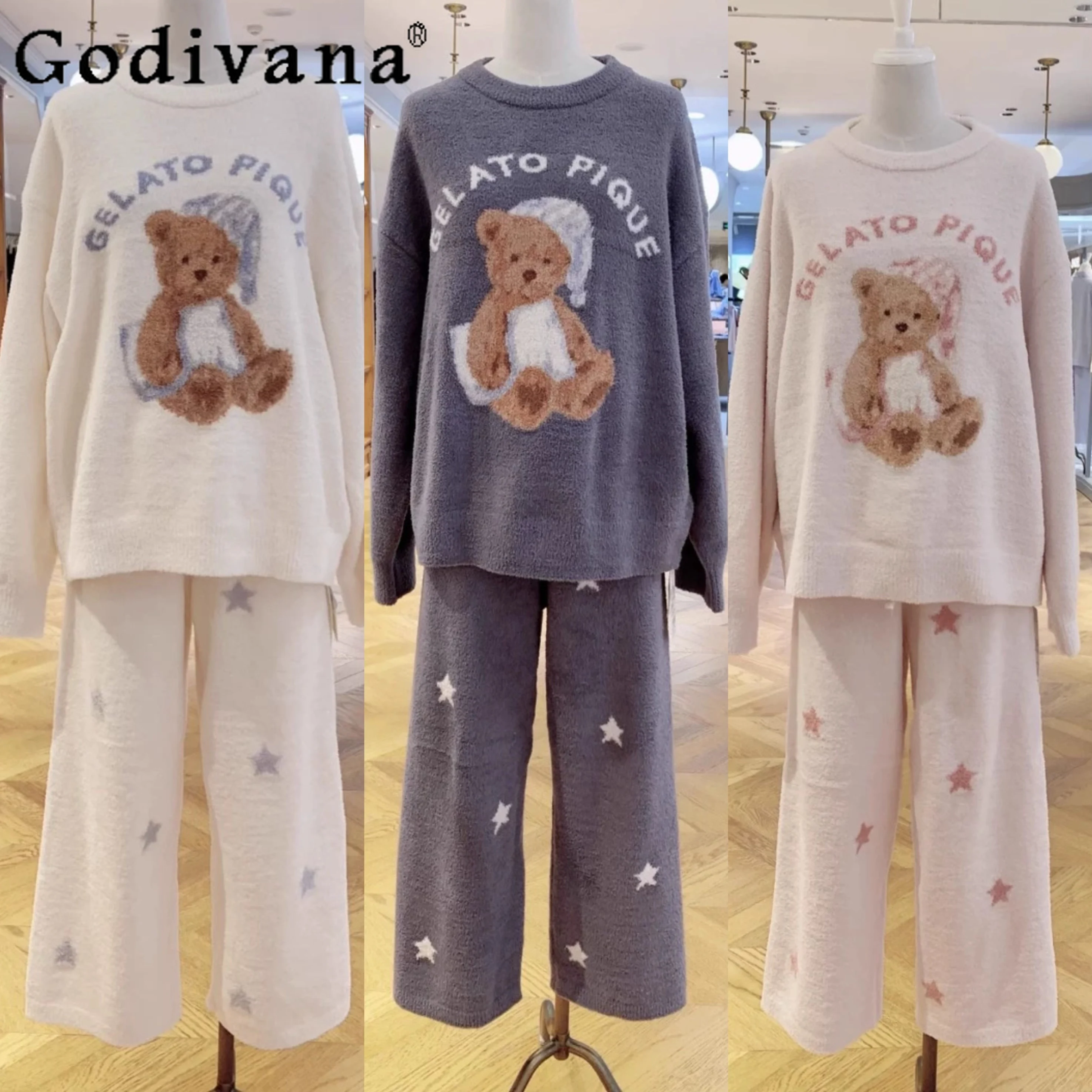 

Autumn Winter New Japanese Sweet Cute Plush Pajama Sets Women Girls Daily Warm Long Sleeve Tops Pants Soft Thickened Homewear