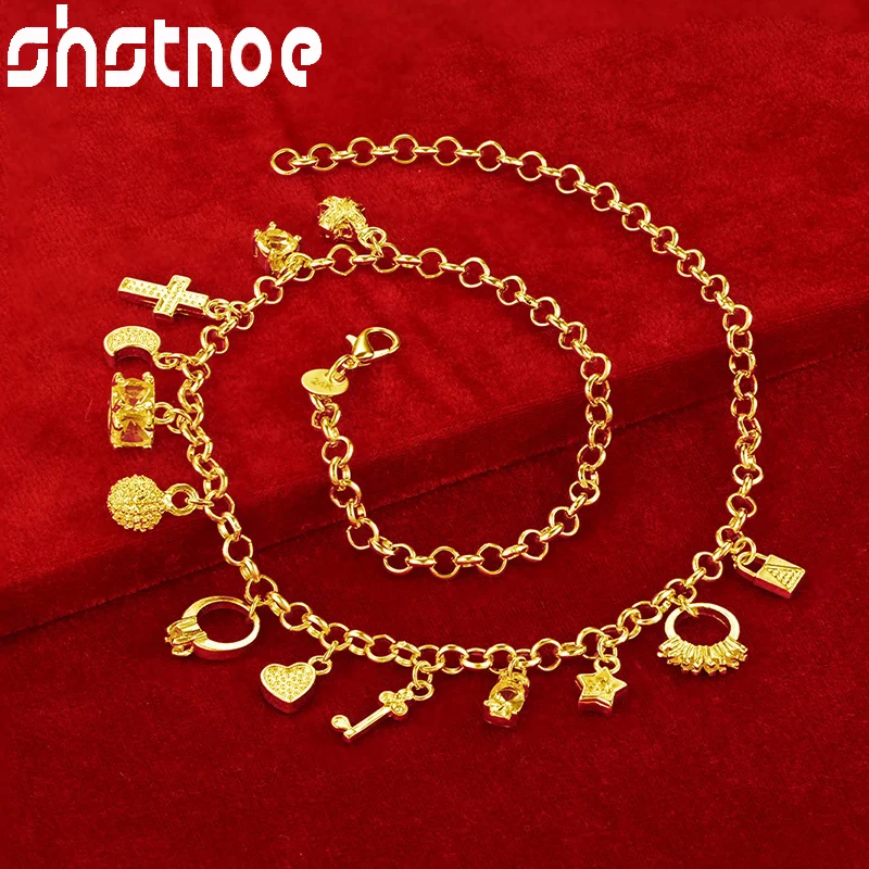 SHSTONE 24K Gold Key/Heart/Moon/Star/Ring Pendant Chain Necklaces For Woman Party Wedding Engagement Birthday Fashion Jewelry