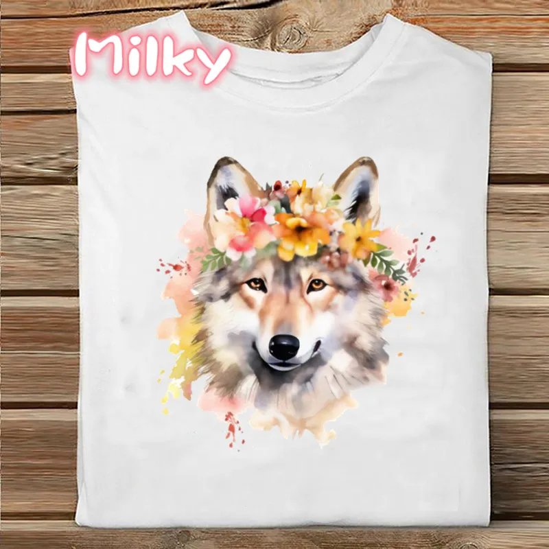 

New Summer Wolf Flowers Women T-Shirt Graphic TShirt Harajuku Tops 90s Short Sleeve Funny Lady Tee Shirts Fashion Clothes