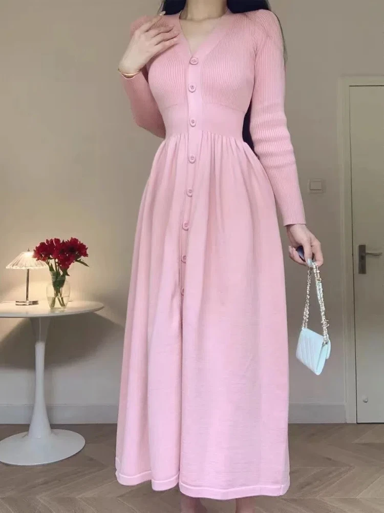 Autumn Winter Knit Pink V-Neck Single Breasted Dress Long Sleeve Solid Colour Women\'s Cinched Waist in Vestidos Largos