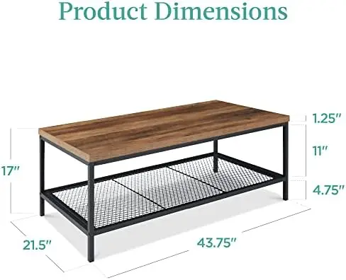 

44in Modern Coffee Table, Large 2-Tier Industrial Rectangular Wood Grain Top Coffee Table, Accent for Living Room w/Mesh Shelf,