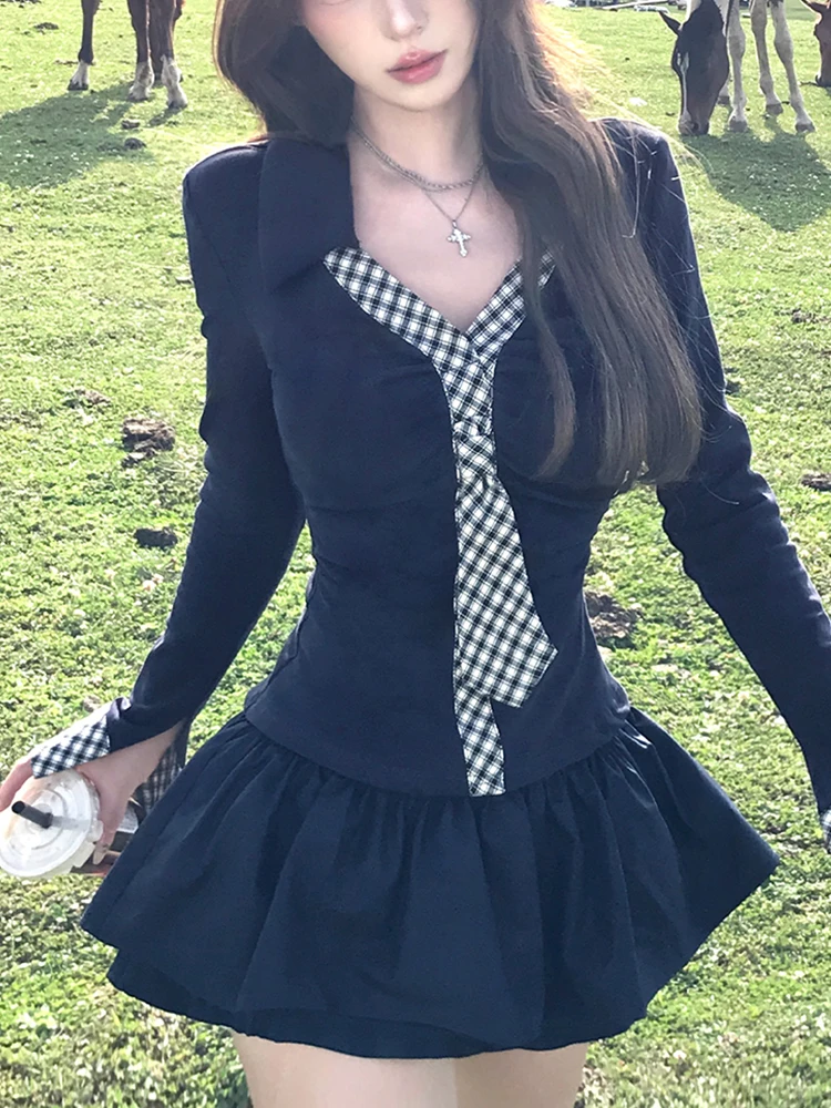 Pure Desire Spicy Girl Plaid V-ne Long Sve ort Skirt Set Women's Faion Autumn 2025 Puffy f-length Skirt Ensemble