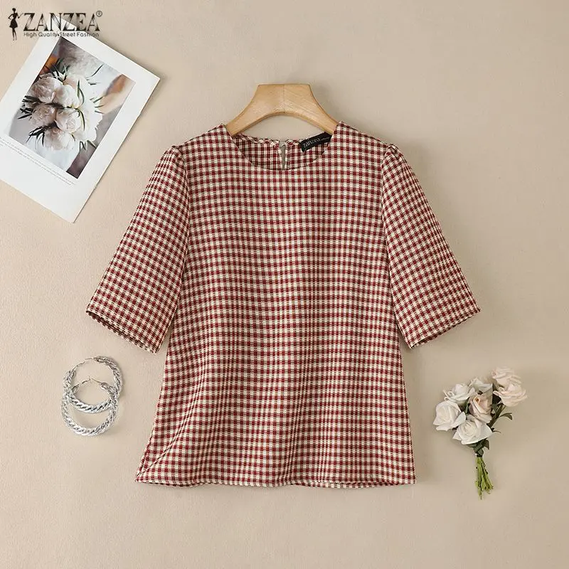 

Женские французские элегантные блузки в клетку, повседневные топы с круглым вырезом и короткими рукавами-фонариками ZANZEA 2026 для летних свиданий, женские блузы