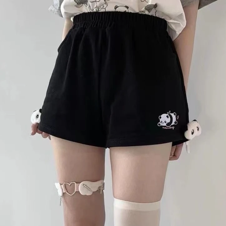 

Летние шорты для женщин, 2025 г., свободные широкие брюки с вышивкой японской панды и высокой талией Y2k, эстетические шорты с карманами, Pantalones