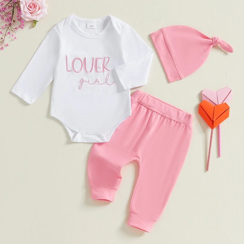 Baby Girls Valentine’s Day Outfits Long Sleeve Embroidery Romper + Pants + Hat Set Infant Clothes