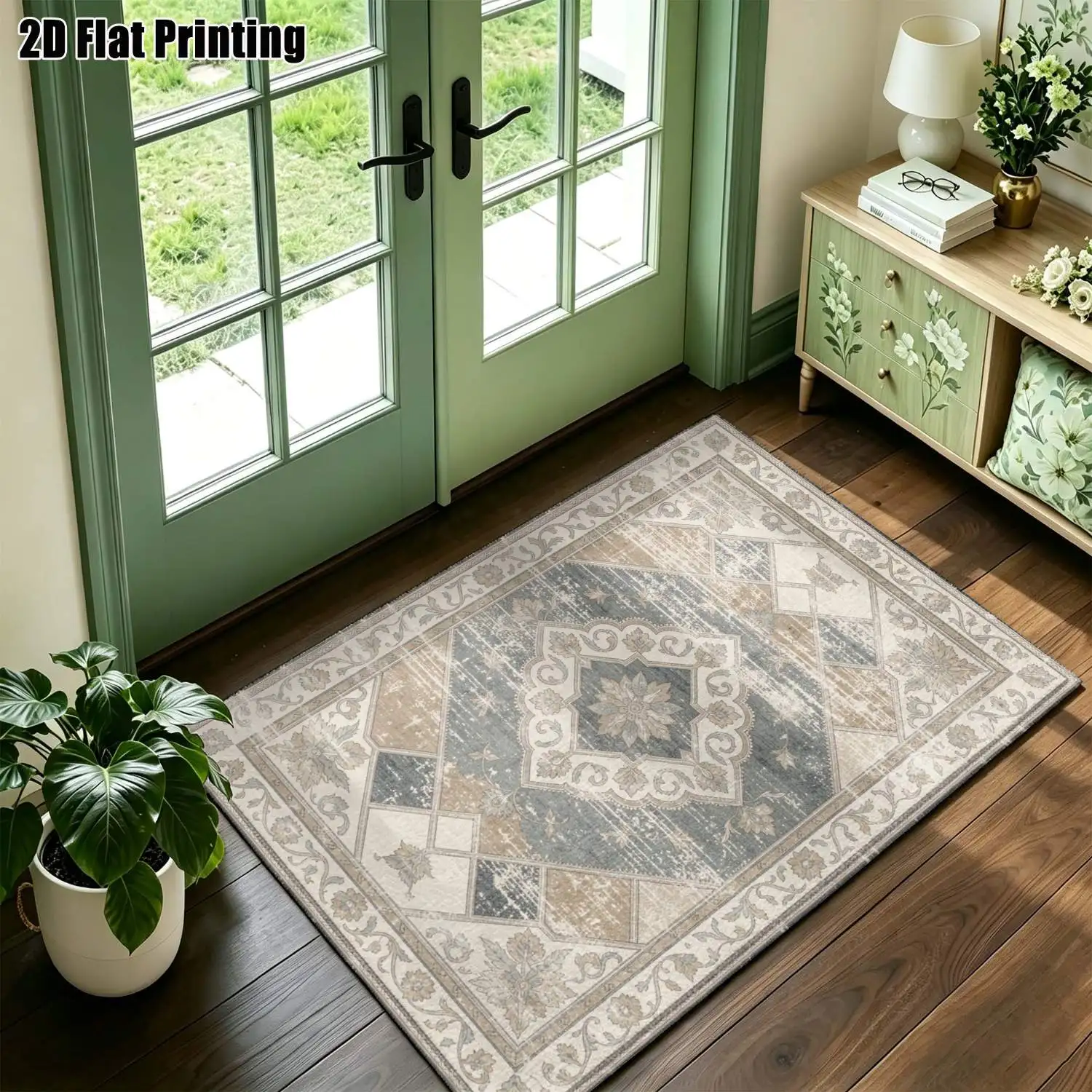 1Pc 2D Printed Carpet: Blue-Grey Retro Geometric Pattern, European Style, Machine-Washable, Multi-Size, for Home Decoration & Multi-Scene Use