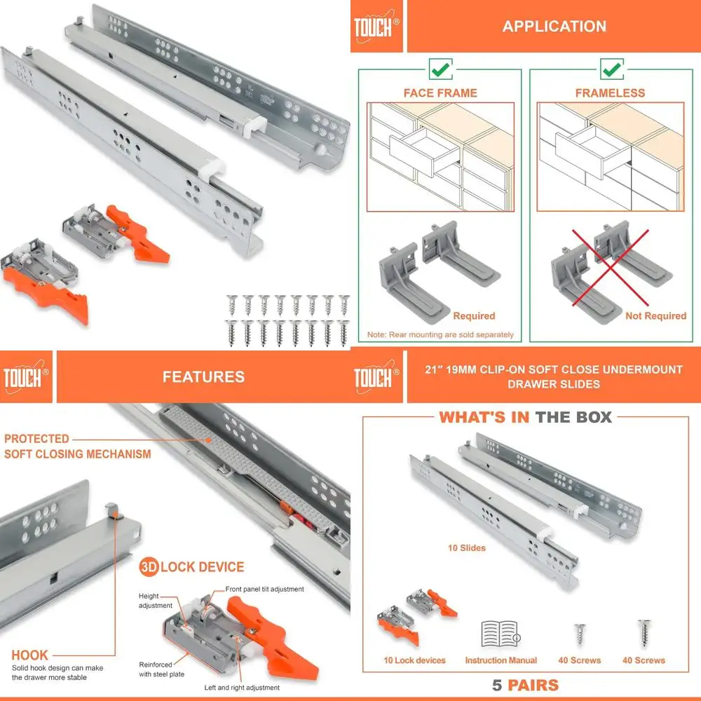

Направляющие для ящиков с мягким закрыванием под креплением, 3/4 дюйма, 5 пар, длина 21 дюйм, скрытые направляющие для плавного движения ящика