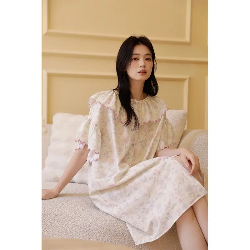 Women's 100% Cotton Gauze Ditsy Floral Short Sleeve Button-Front Nightgown with Ruffle Collar & Hem, Breathable Summer Sleepwear 6