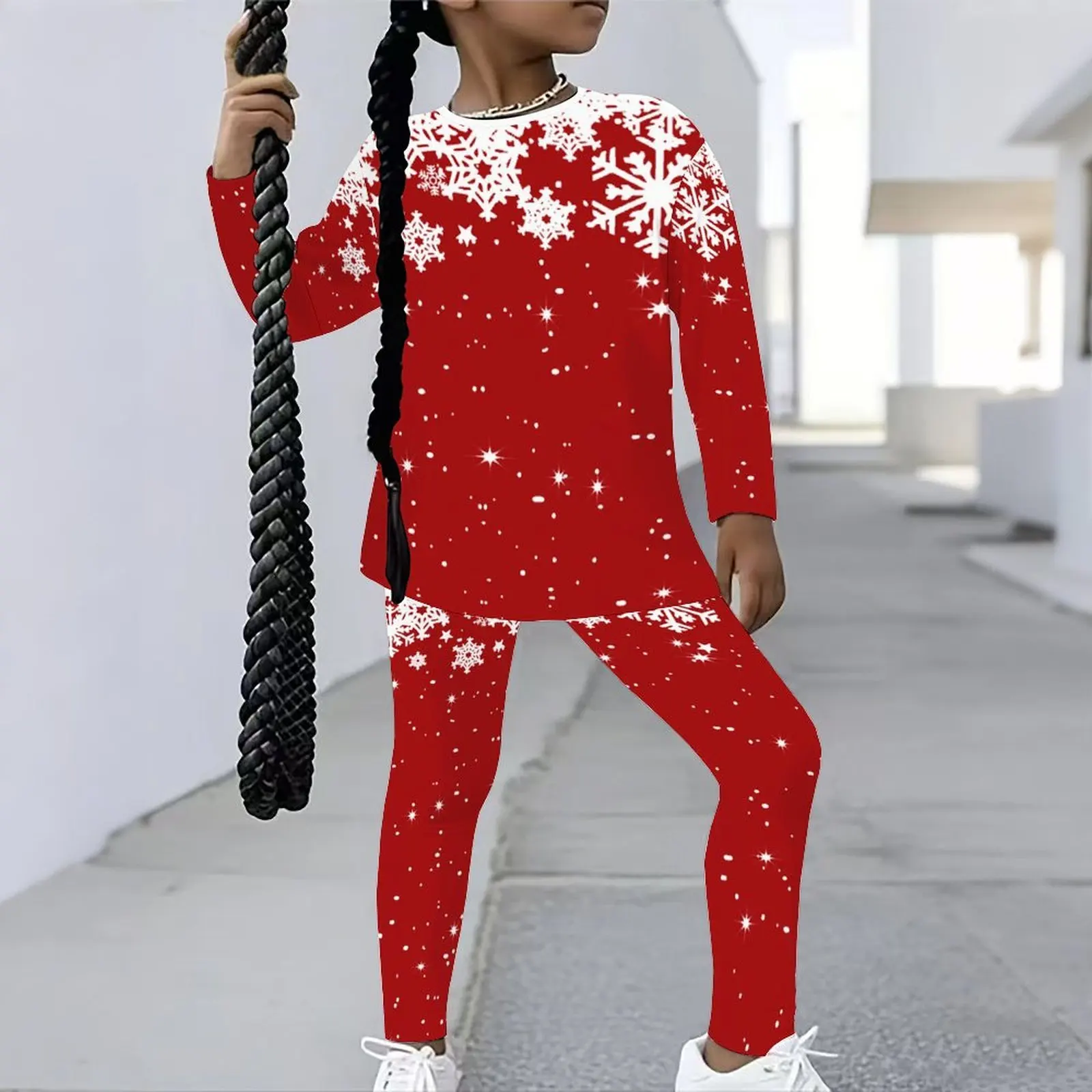 Winter Christmas Jogging Pants Girls Print Long Sleeve Round Neck Top Cute Two-Piece Daily Casual T-shirt Autumn Leggings