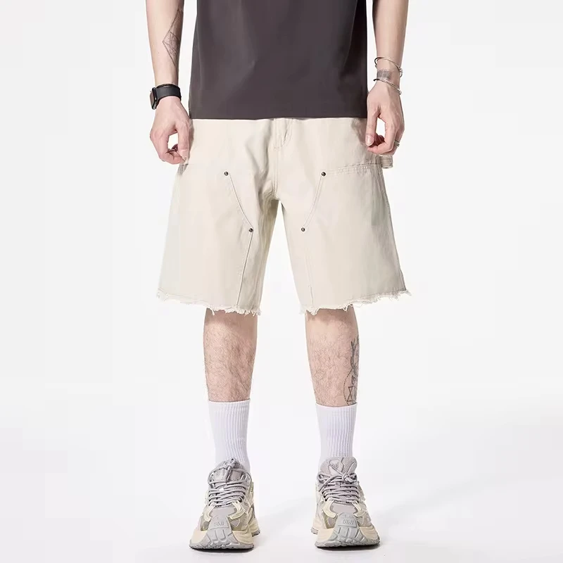 American Fashion Men's White Solid Color Multi Pocket Straight Loose Wide Leg Knee Length Cargo Jean Shorts Male Denim Clothes