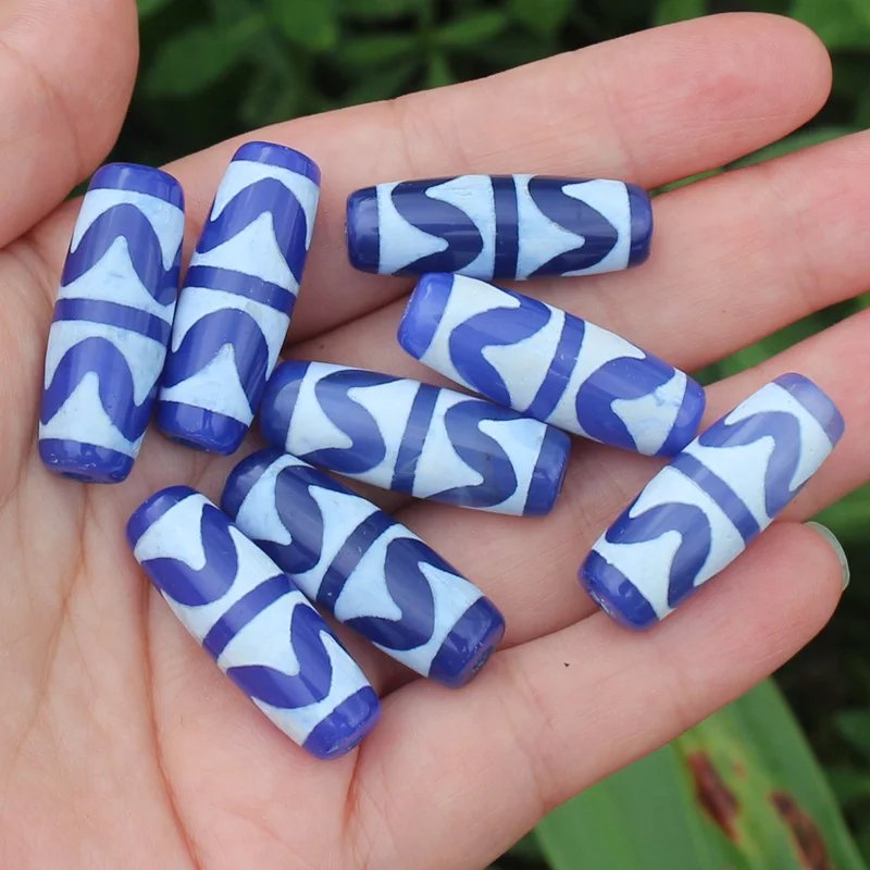 B Grade 1piece 10-11mmx29-30mm Blue Ancient Tibet Dzi Agate Beads,Lucky Symbol,Powerful Amulet,For DIY Jewelry Making !