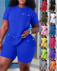 Ensemble deux pièces short et t-shirt pour femme, couleur unie, col rond, poches, taille élastique, loisirs dames, été 2023