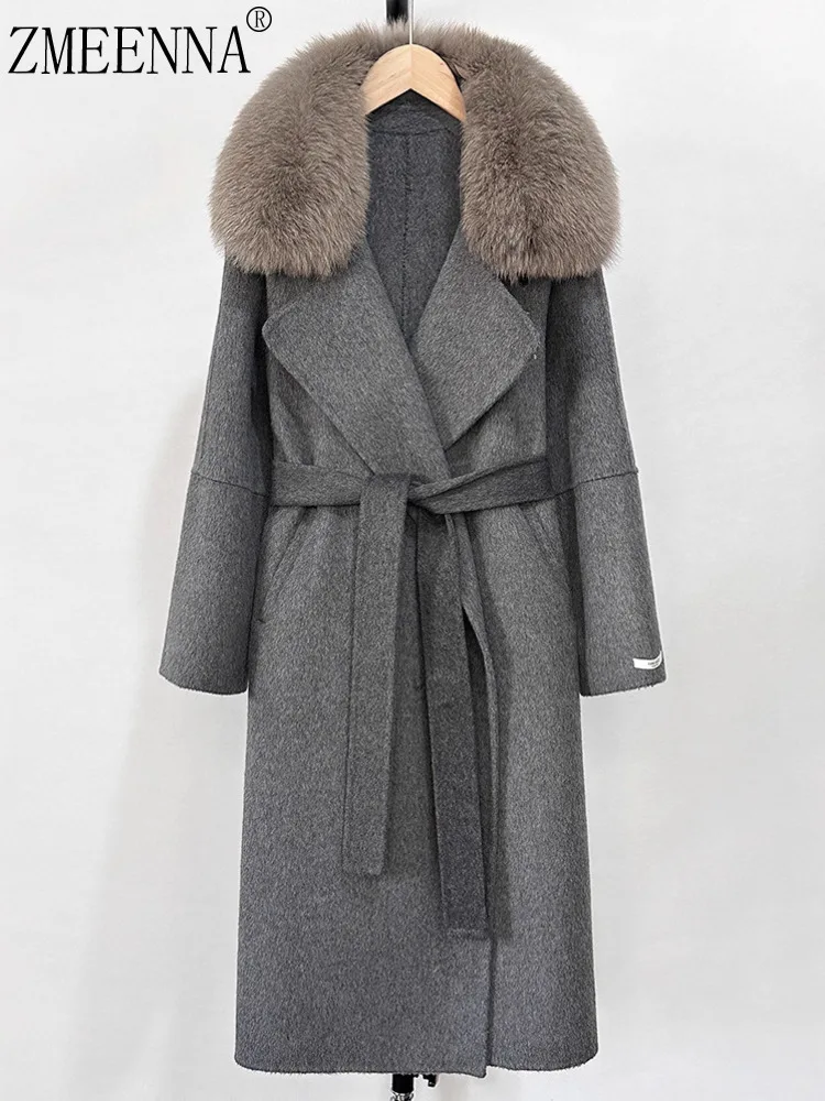 

ZMEEENNA Women's Gray Wool Blend Long Trench Coat With Faux Fur Collar And Belted Waist Elegant Slim Fit Outerwear ZM3839