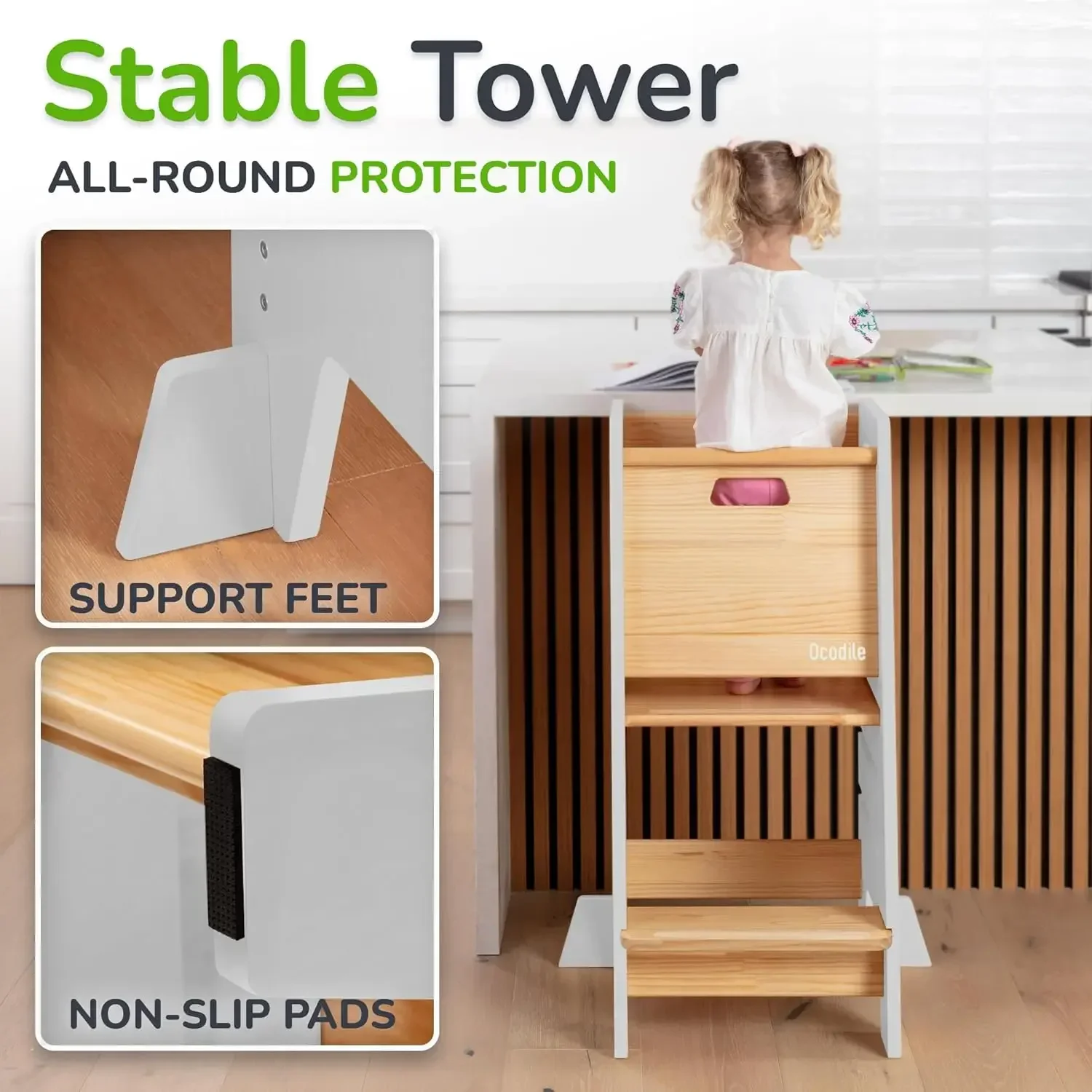 Toddler Tower with a Sliding Door and 3 Adjustable Heights - Safe Toddler Kitchen Stool Helper with Support Feet - Updated Desig