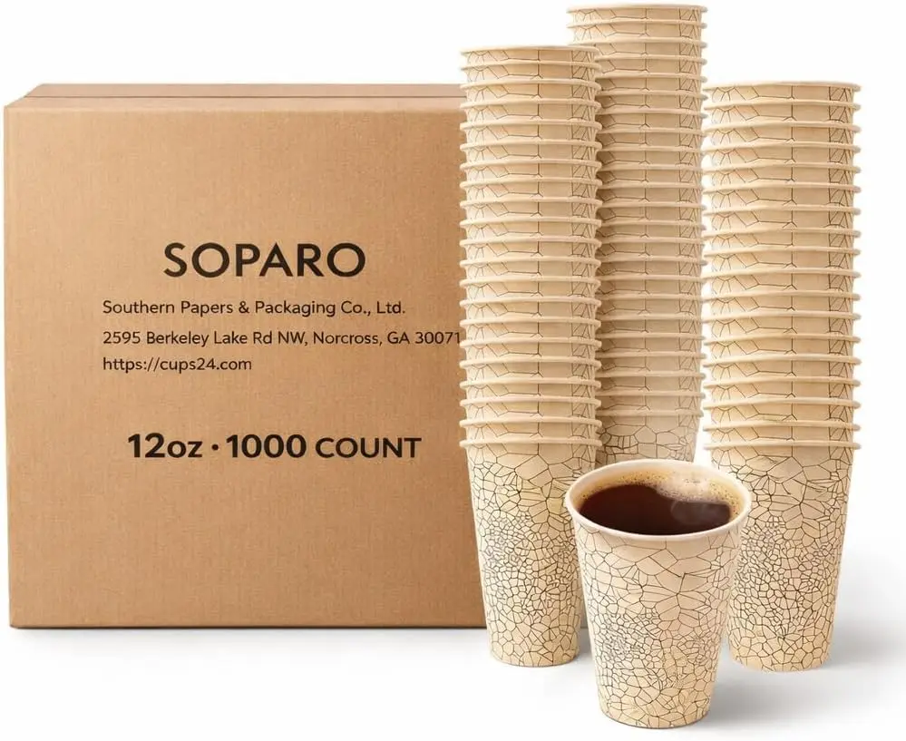 

12oz Paper Coffee Cups, 1000-Count Bulk, Commercial Grade for Coffee Shops, Restaurants & Cafes, Leak Resistant, Made in