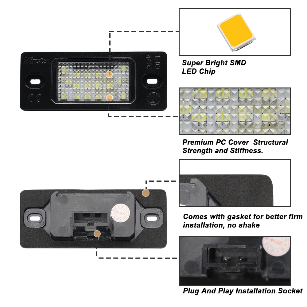 LEDライセンスナンバープレートライトランプ、Vwティグアン、ゴルフ4、mk4、5、mk5、mk5、バットマン、トゥアレグ、パサート、b5.5、ボラ、ポーチェ、カイエン、2個用ランプ