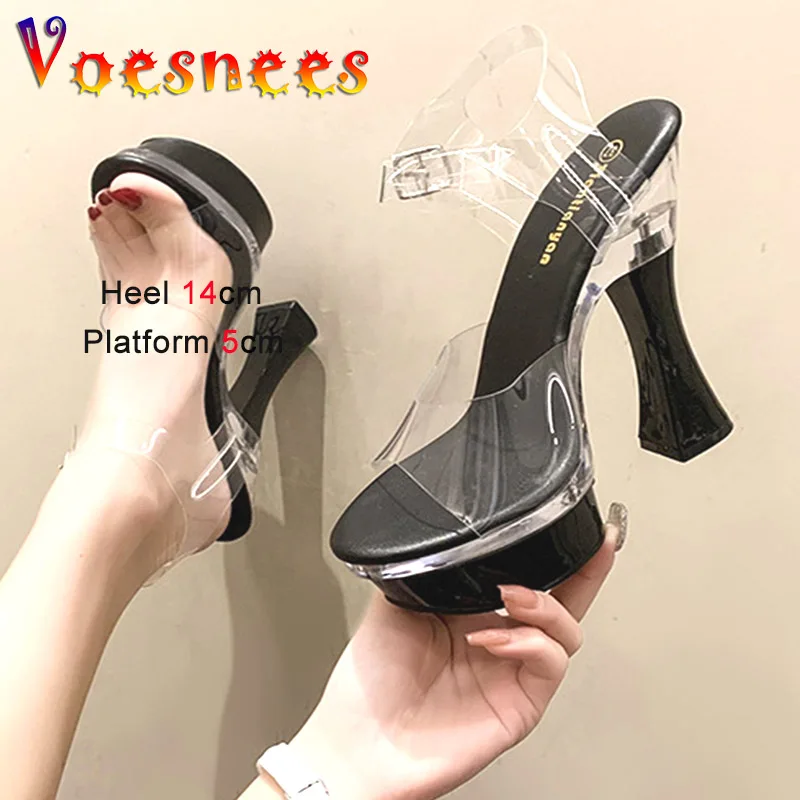 

Sexy Perspex Fashion Transparent Sandals 2023 Summer New Wedding Dress High Heels 14CM Thick Platform Banquet Women Shoes Black