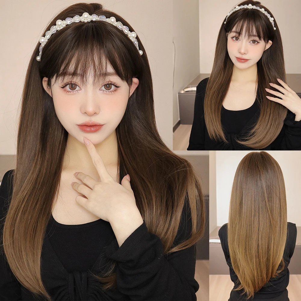 Perucas sintéticas retas marrons longas com franja para mulheres brancas, cabelo natural, uso diário, cosplay de festa, fibra resistente ao calor