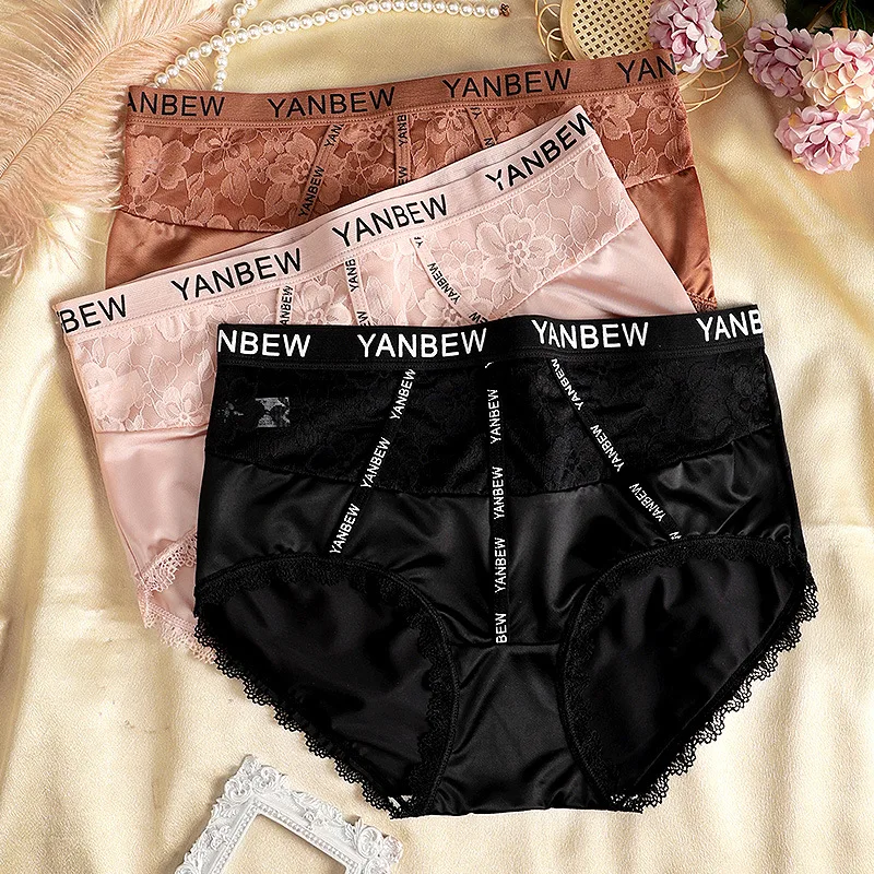 Luxury Satin Women\'s Panties Mid Waist Ice Silk Underwear Lingerie Trend Ladies Lace Briefs Girls Breathable Triangle Underpants