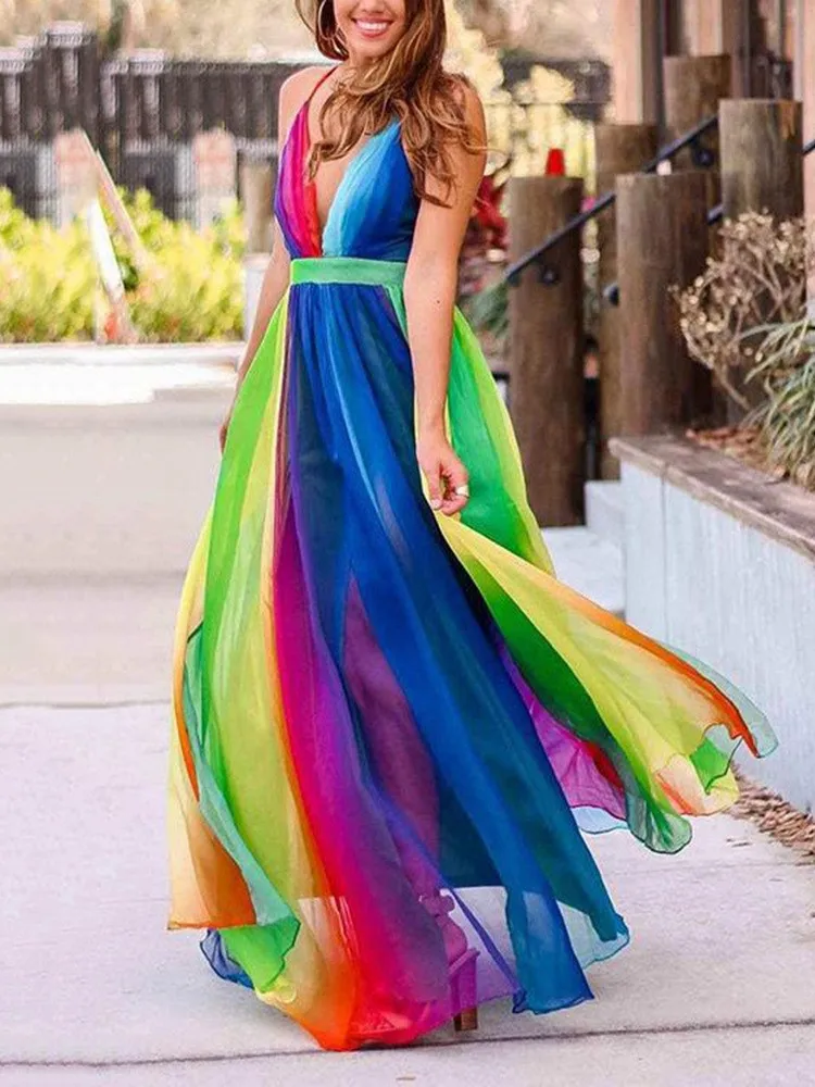 Tęczowe szyfonowe sukienki z paskiem spaghetti kobiety seksowny głęboki dekolt w serek długa sukienka z odkrytymi plecami moda eleganckie damskie wieczorowe przyjęcie Vestidos