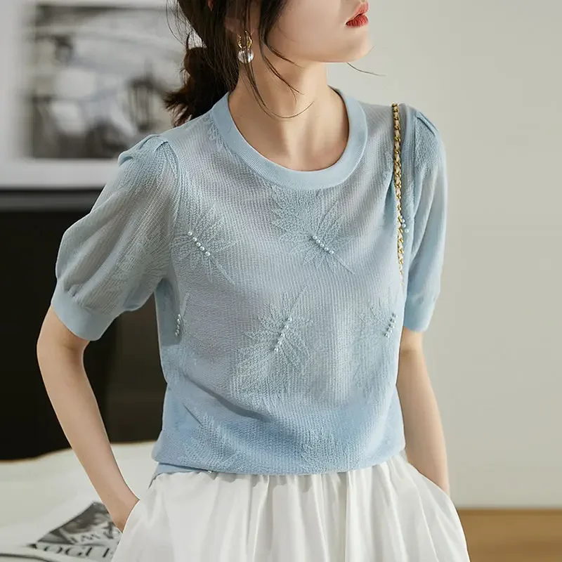 

Fashion Short Sleeve O-Neck Knitted Women Sweater Pullover Beading Knit Sweater Women Tops Blusas Mujer De Mode 2024 Verano H721