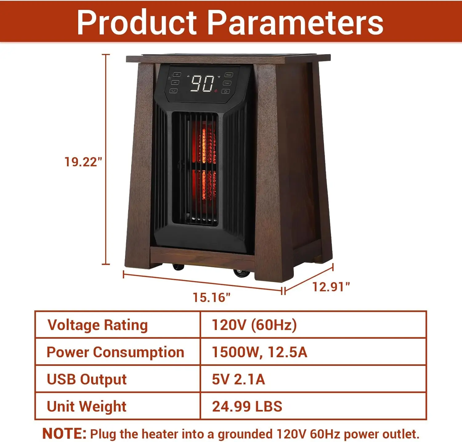 Infrared Quartz Space Heater for Indoor Use, 1500W Electric Room Heaters with Remote Control, Thermostat, Oscillation