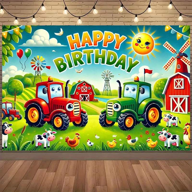 Farm Birthday Tapestry, Vibrant Tractor and Barn Scene with Happy Birthday , Country Themed Wall Decor for Party Photo Backdrop