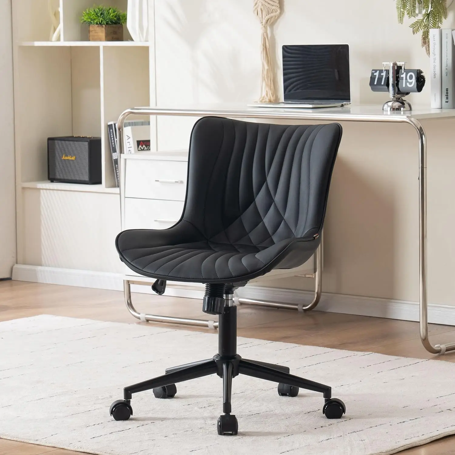 Office Chair, Armless Desk Chair with Wheels, Home Office Computer Task Chairs, Modern Faux Leather Padded Vanity Chair, Black