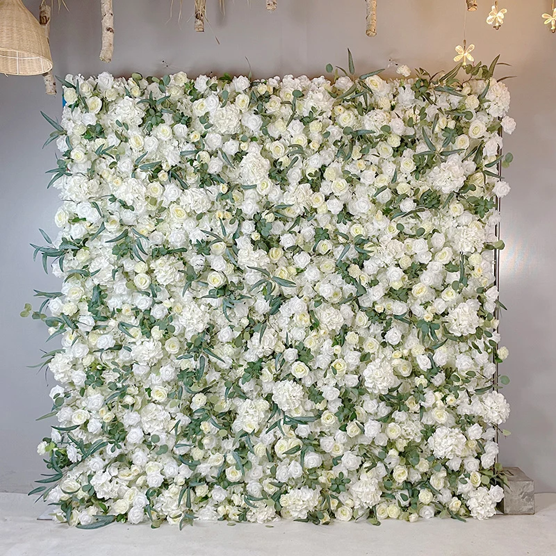 White Rose 5D Cloth Flower Wall  Artificail Roll Up Fabric hydrangea Floral Wall Wedding Backdrop Decor Hang Curtain Party Prop