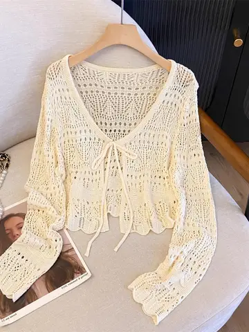 Summer All-Match Hollow-out Stitched Pattern Linen Knitted Lace-up Long sleeve Sunscreen Cardigan Shawl Women clothes Outdoor...