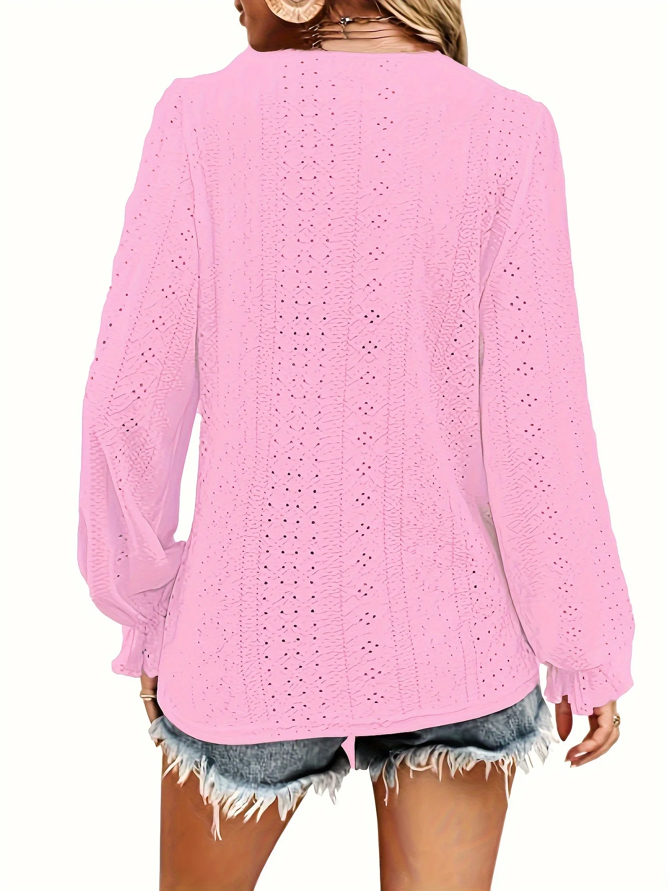 Plus Size T-Shirt mit Ösenknopf-Dekor, lässiges V-Ausschnitt-Langarm-Top für Frühling und Herbst, Damen-Kleidung in Übergröße – Detail 15