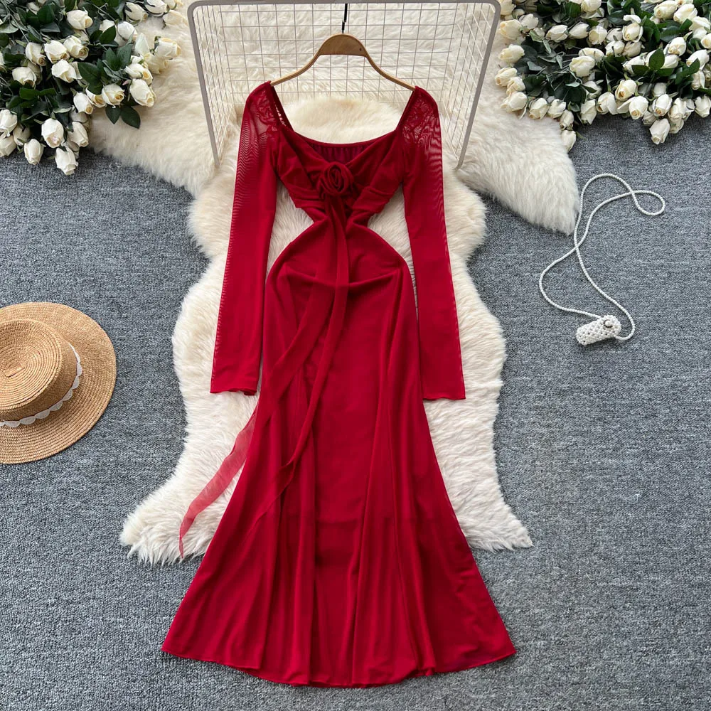 

Women Dresses Long Dress Square Collar Vestidos Floral Y2k Streetwear Full Sleeve Elegant Party Night Work Slim Fit 2025 Autumn