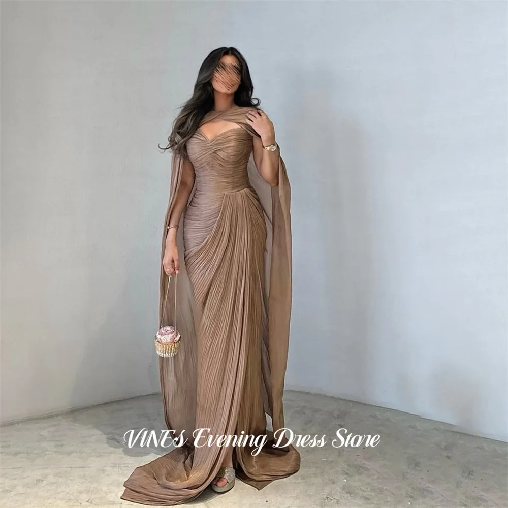 

VINES Mocha Brown Prom Dresses Pleated Mermaid Evening Dress Floor Length Party Dress with Cape Sleeve Robe De Soirée Customized