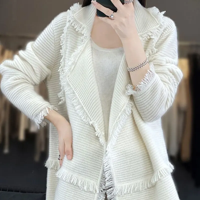 Korean Tailored Collar Sweaters Women's Clothing Casual Chic Tassel Spliced Autumn Winter Vintage Solid Color Knitted Cardigan